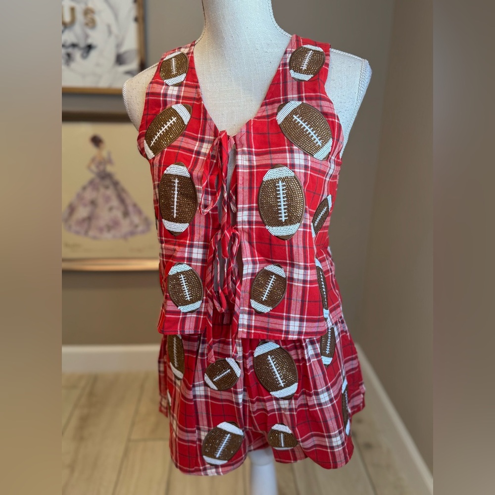 New! Rare SET! QUEEN OF SPARKLES Red Plaid Rhinestone Football Shorts & Tank - Picture 7 of 13